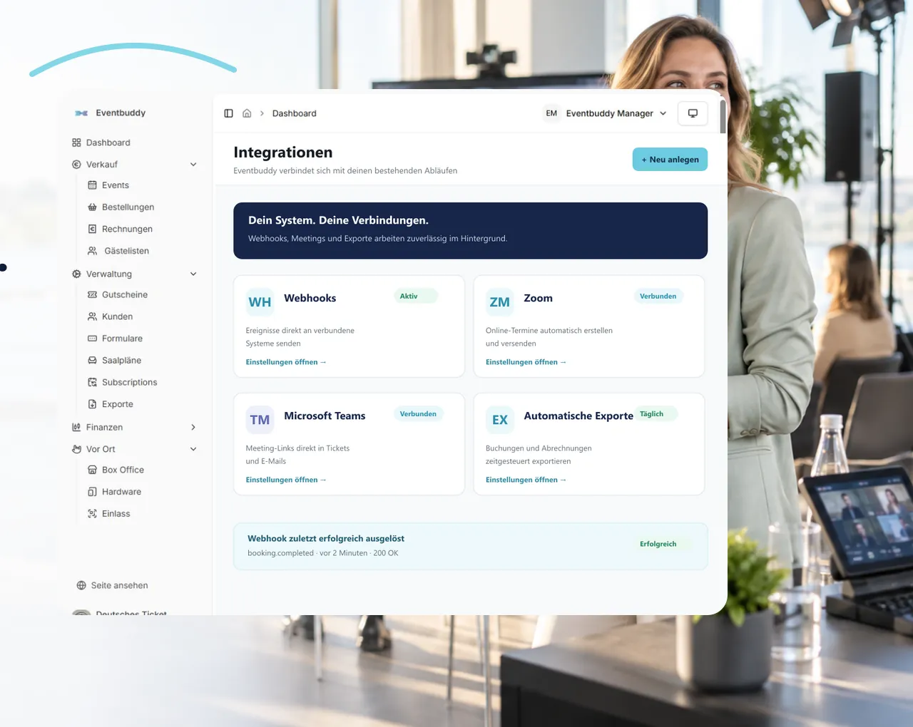 Eventbuddy Integrationen: Webhooks, Zoom, Microsoft Teams und automatische Exporte