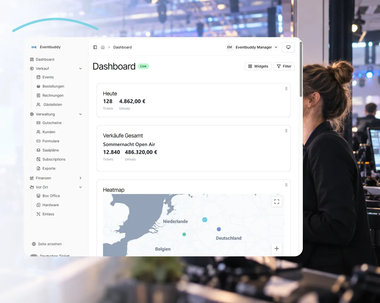 Eventbuddy Live-Dashboard mit Tagesumsatz, Gesamtverkäufen und Heatmap